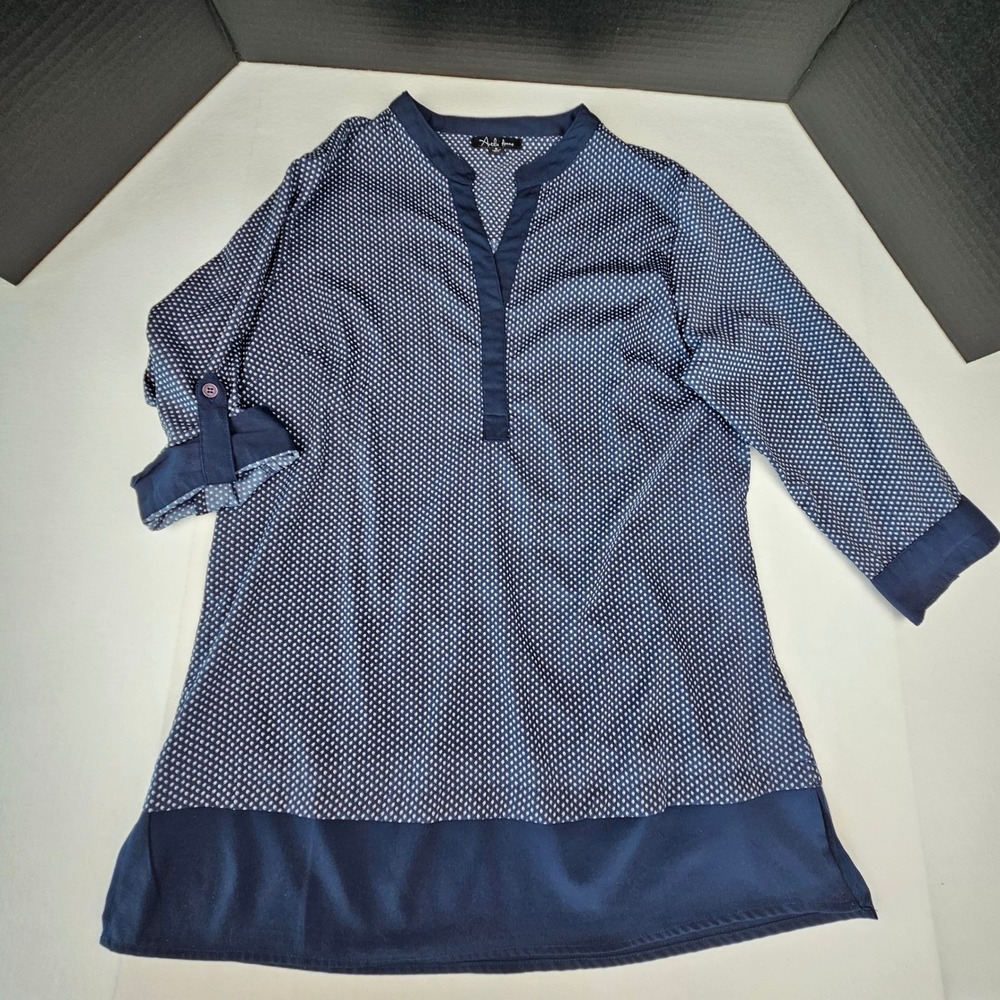 Antilia Femme Navy Blue Geometric Print Roll Tab Sleeve Tunic Blouse Small